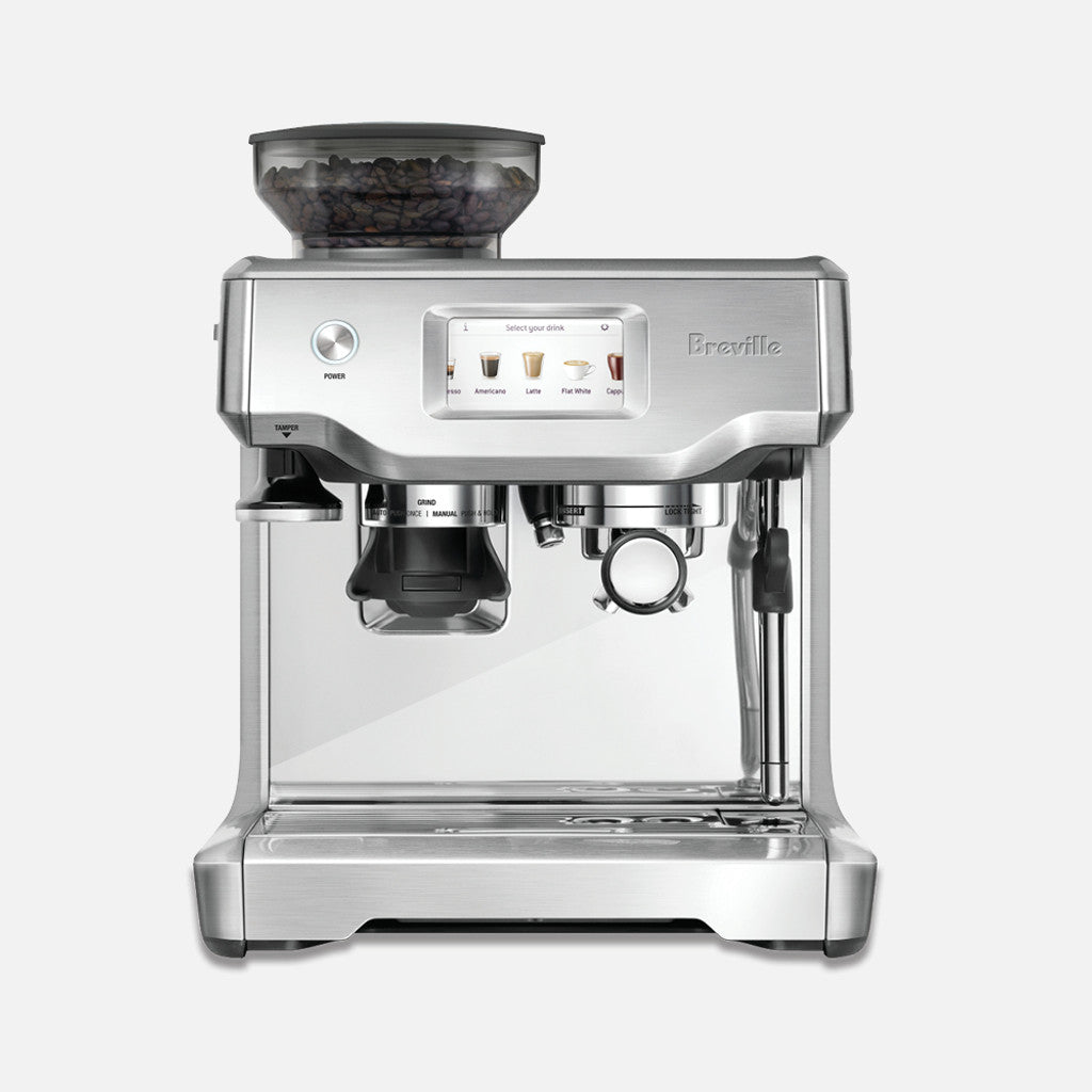 Breville Barista Touch espresso machine with touchscreen display and built in grinder in a stainless steel finish