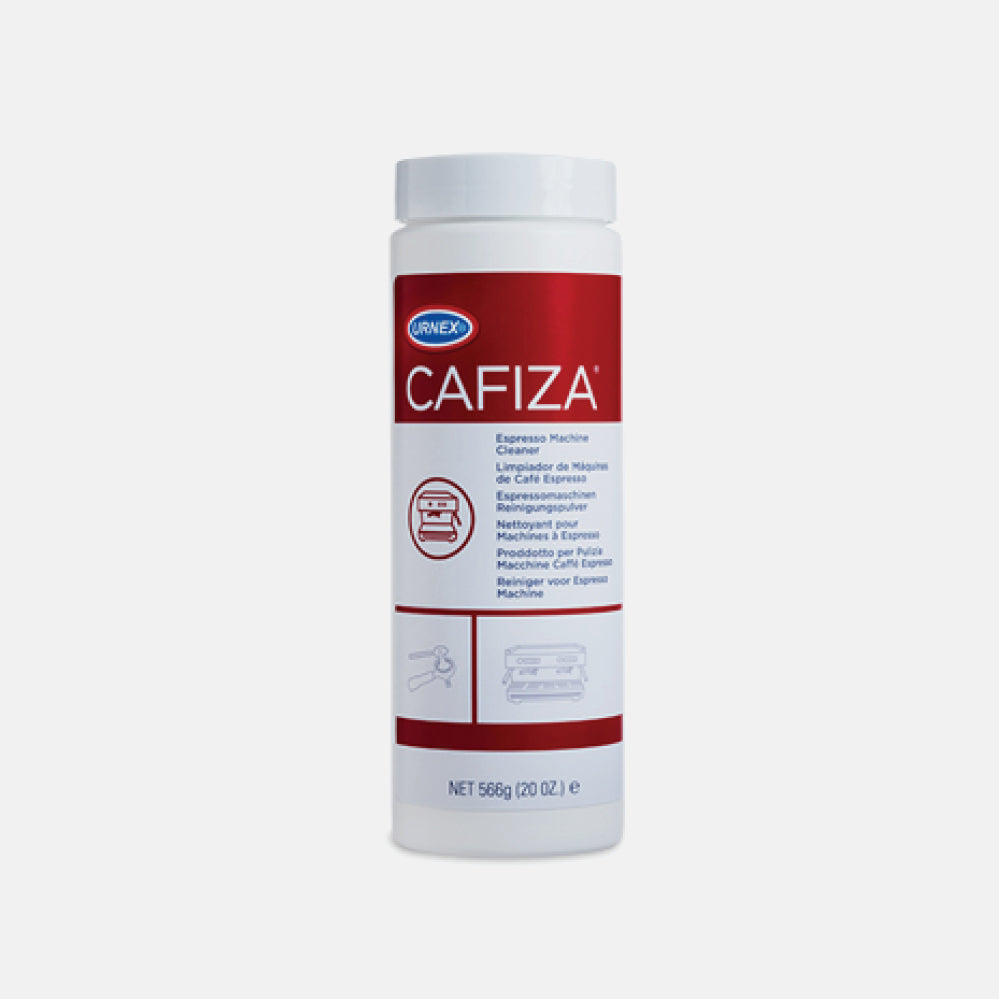 Urnex Cafiza espresso machine cleaner bottle with red label and white body