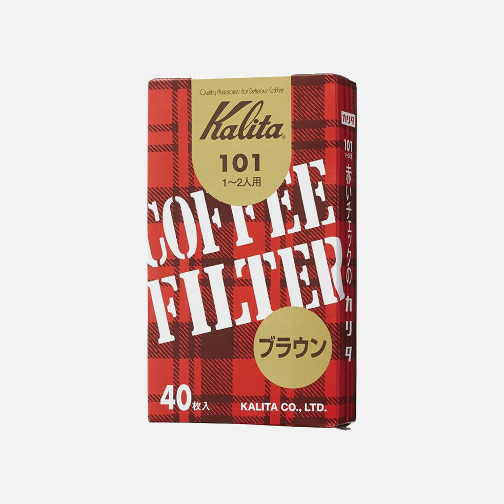 Kalita 101 unbleached coffee cone filters in a red plaid box, 40 count.