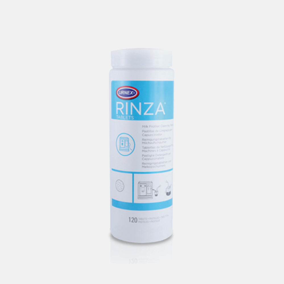 Urnex Rinza milk frother cleaner tablet bottle with blue label