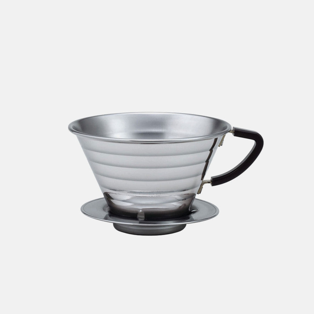 Kalita Wave 185 stainless steel pour over dripper with ridged cone and black handle on the side for safe handling
