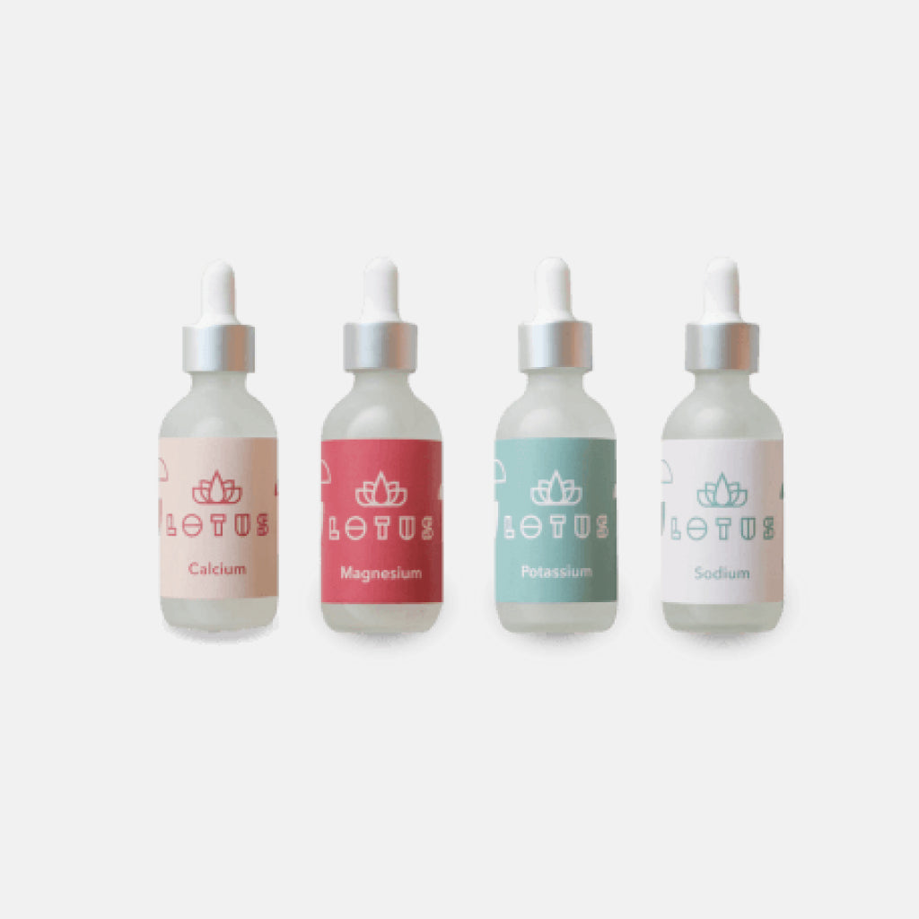 Lotus Water concentrate frosted clear glass bottles with dropper, with labels in pastel hues that read: Calcium, Magnesium, Potassium and Sodium.