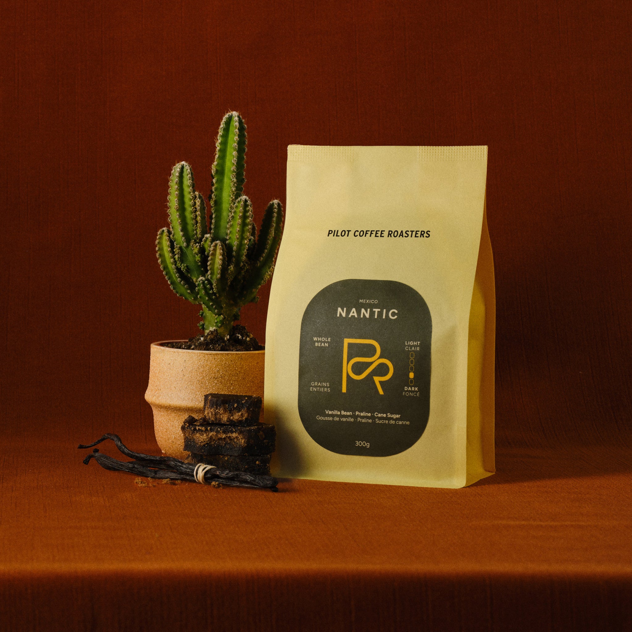 Nantic Mexico coffee bag on a warm brown backdrop with a tall cactus nearby.