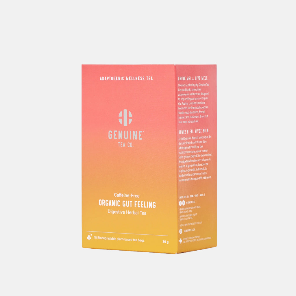 Genuine Tea Co Organic Gut Feeling Digestive Herbal Tea box with gradient orange to pink packaging