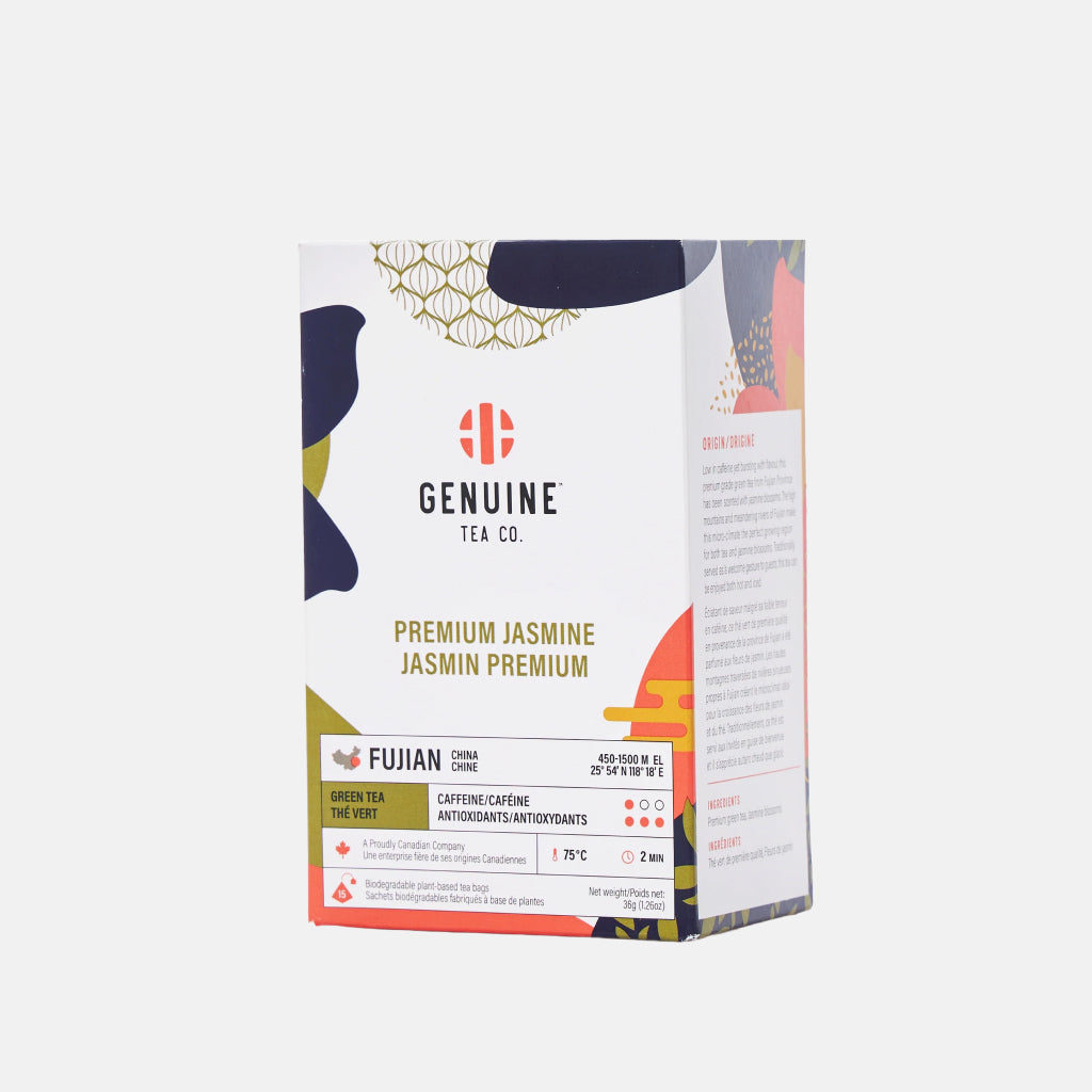 Genuine Tea Co Premium Jasmine green tea box with colourful modern packaging