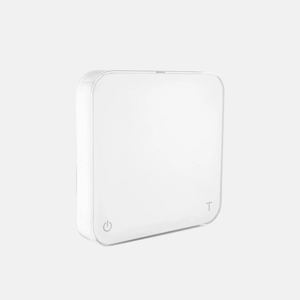Acaia Pearl white compact coffee scale with rounded square design