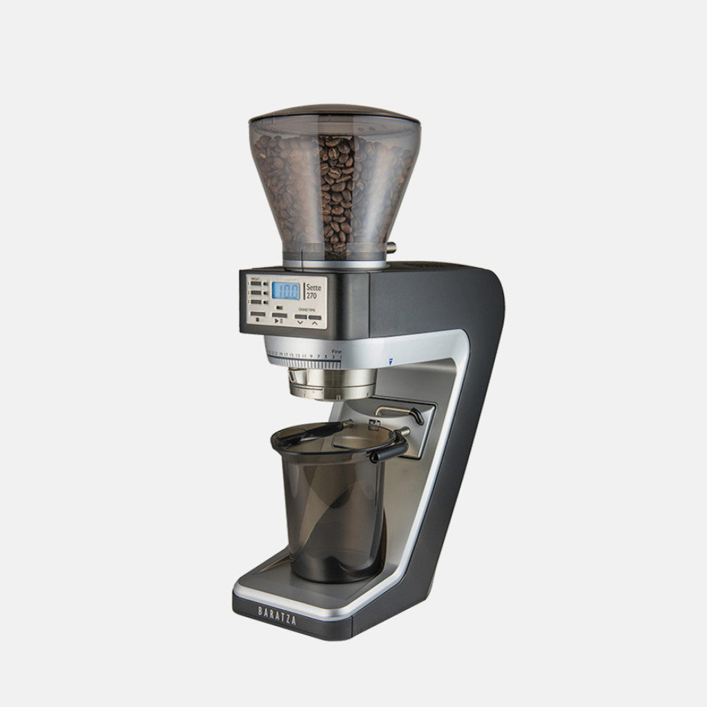 Baratza Sette 270 coffee grinder with clear bean hopper and control panel.