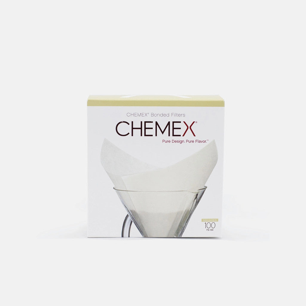 Box of Chemex Square filters, image on packaging is of a filter resting in a clear glass Chemex dripper.