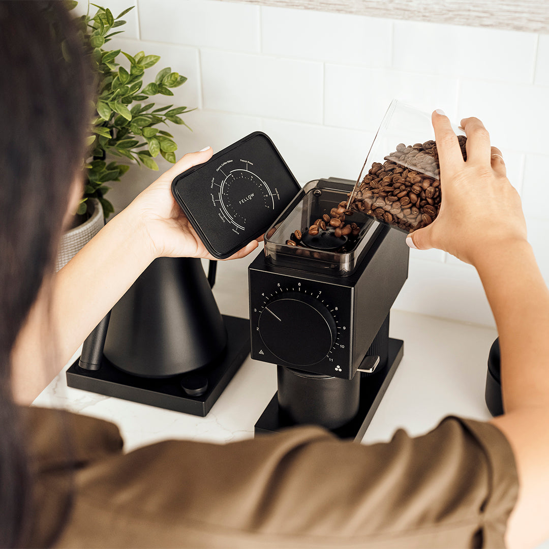 Hands pouring roasted coffee beans into the black Fellow Ode Gen 2 hopper