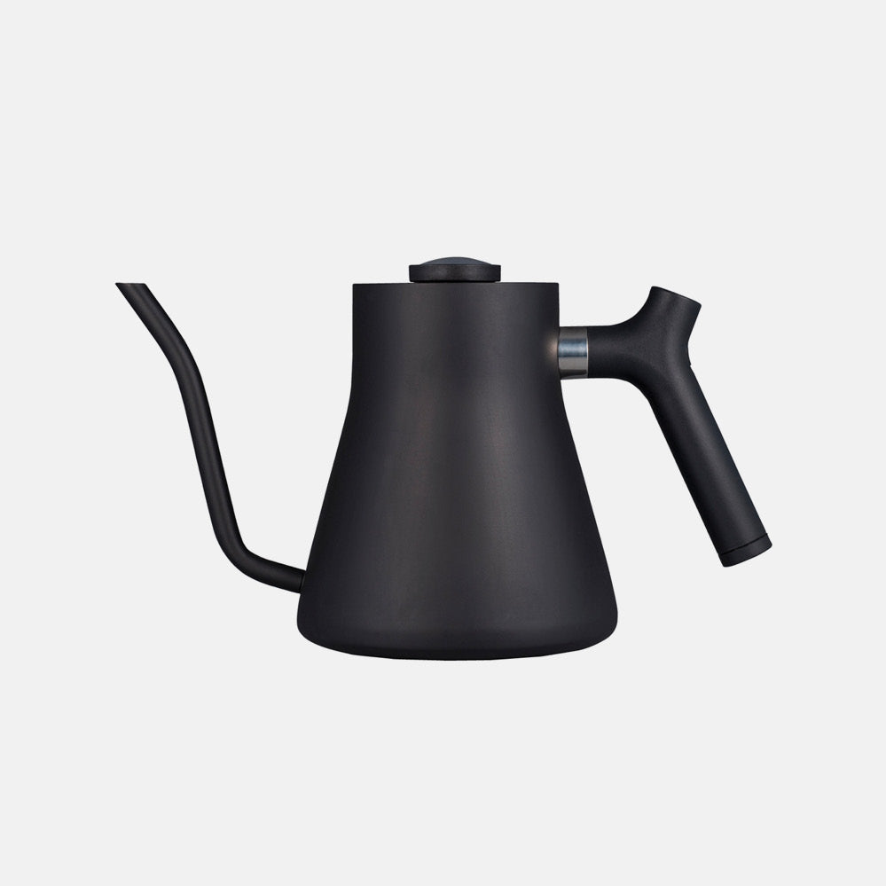 Stagg Pour-Over Stovetop Kettle by Fellow in matte black with gooseneck spout and black handle
