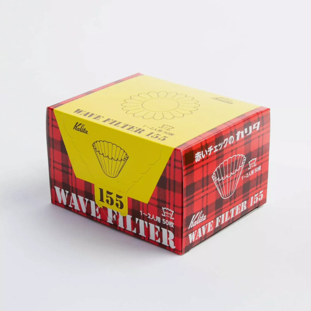 Angled side view of Kalita Wave 155 filters box with yellow lid and red plaid sides
