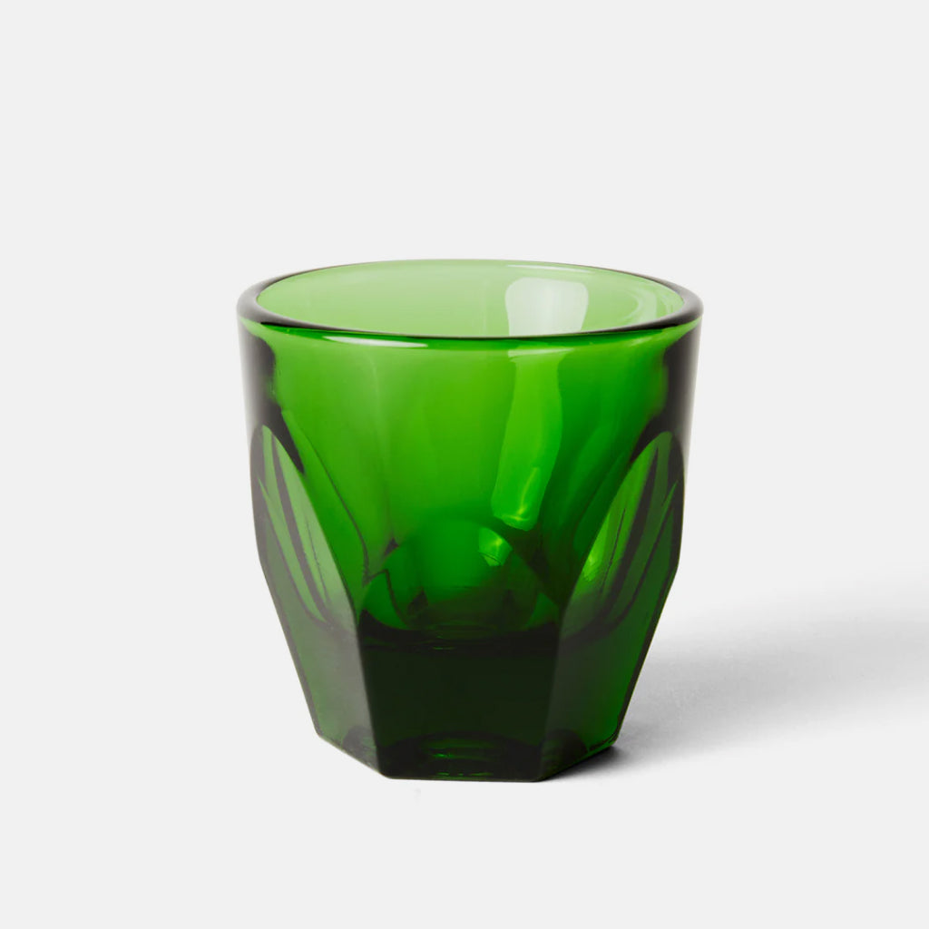Emerald green faceted heavy weight glass tumbler from the Vero Cappuccino Glass collection.
