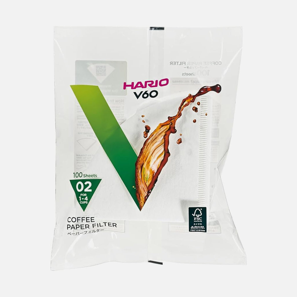 Bleached 02 Hario V60 paper filters in a clear bag showing the V60 logo