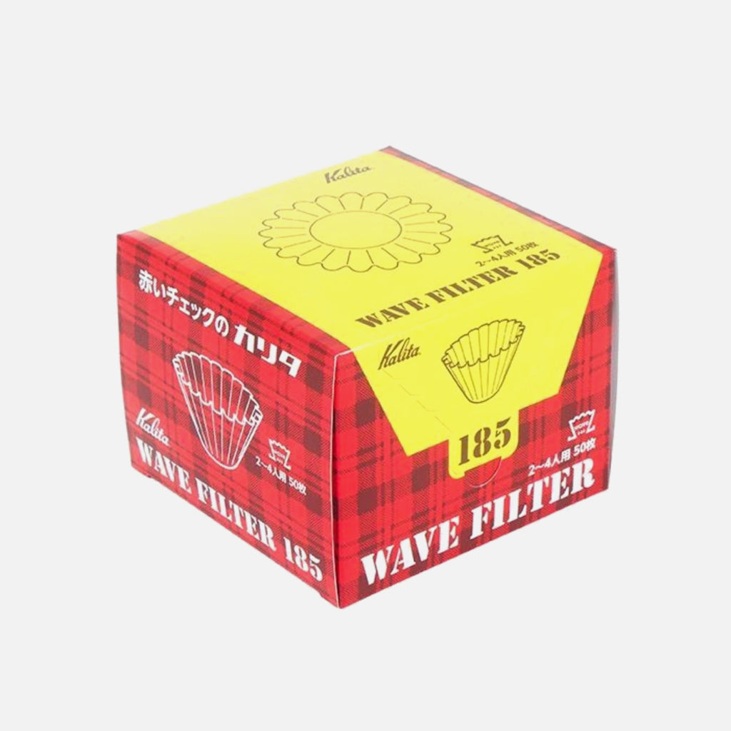 Box of Kalita Wave 185 filters with bright yellow lid and red plaid sides.