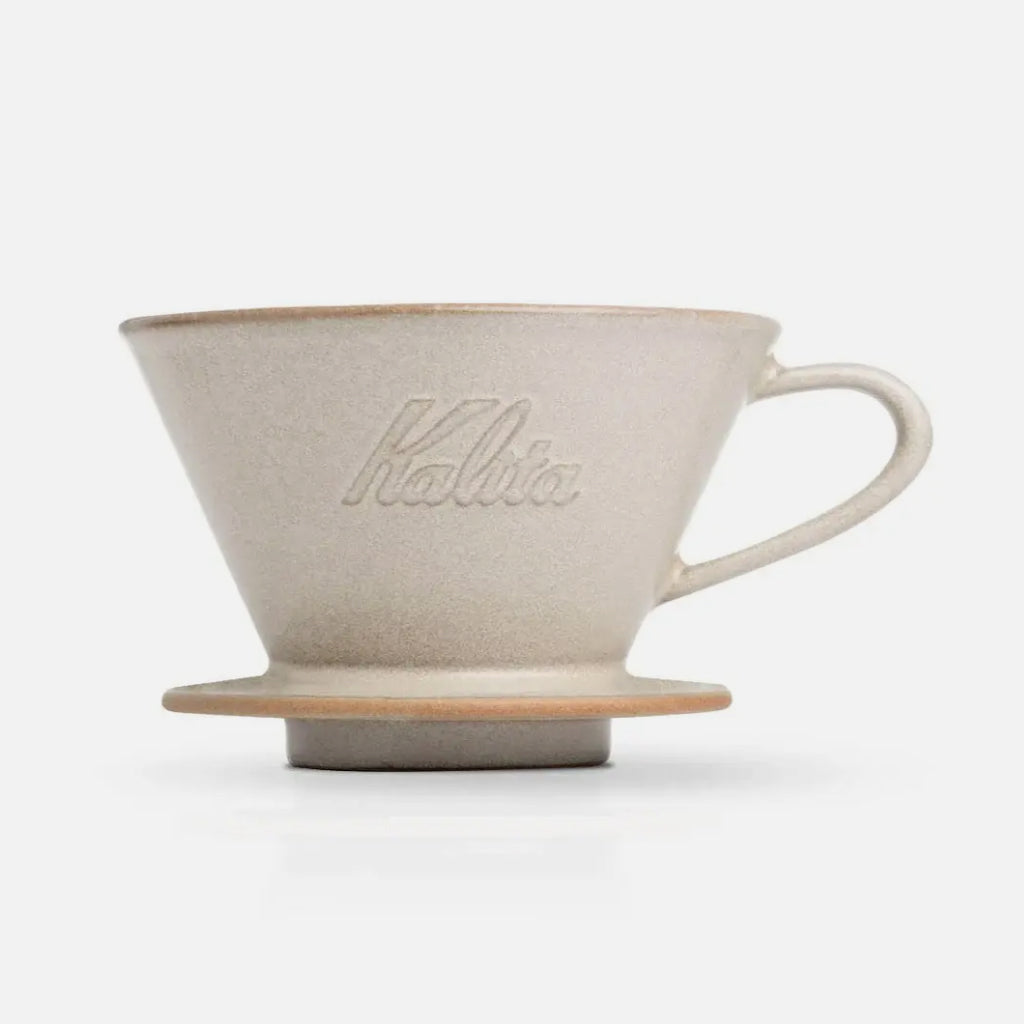 Kalita Wave 185 Mino ceramic dripper in rustic beige with embossed Kalita logo.