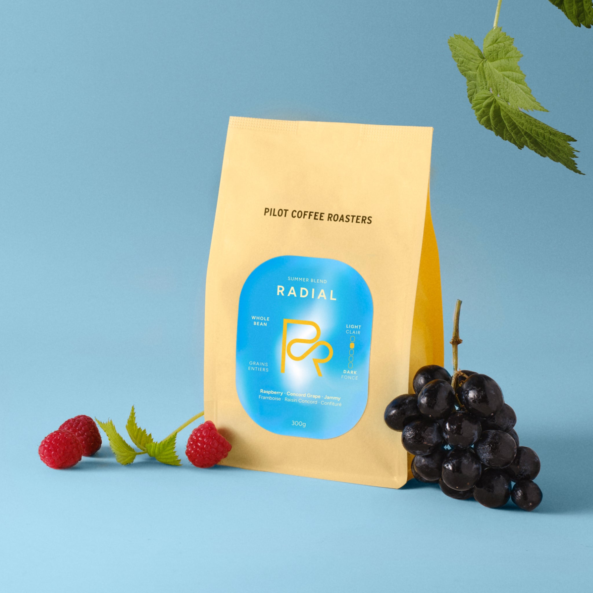 Radial Summer Blend coffee bag with yellow packaging and blue circle label, surrounded by raspberries and grapes