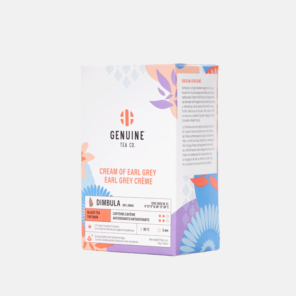 Cream of Earl Grey tea packaging a bright colourful floral pattern.
