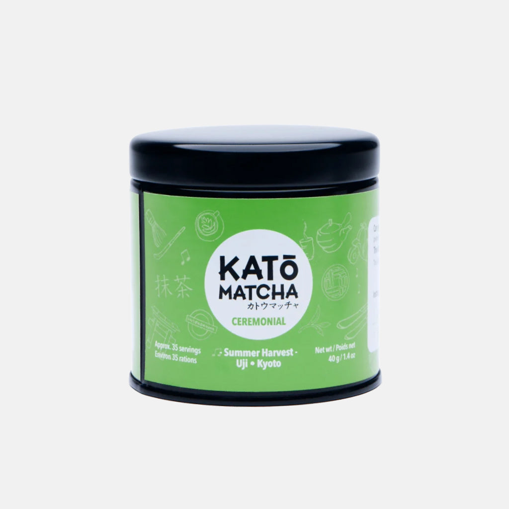 Katō Matcha ceremonial Summer Harvest tin with bright green label and black lid