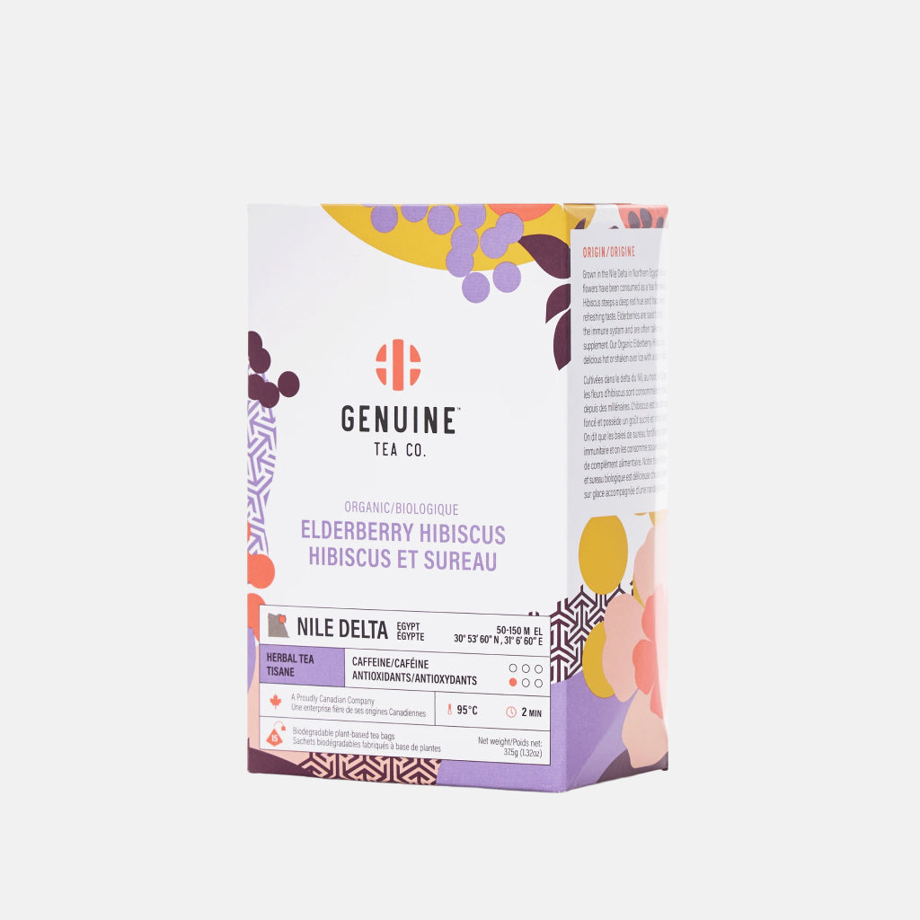 Genuine Tea Co Organic Elderberry Hibiscus tea box with bright purple and yellow graphics.