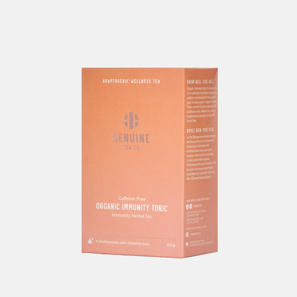 Peach-colored Organic Immunity Tonic Tea box from Genuine Tea Co