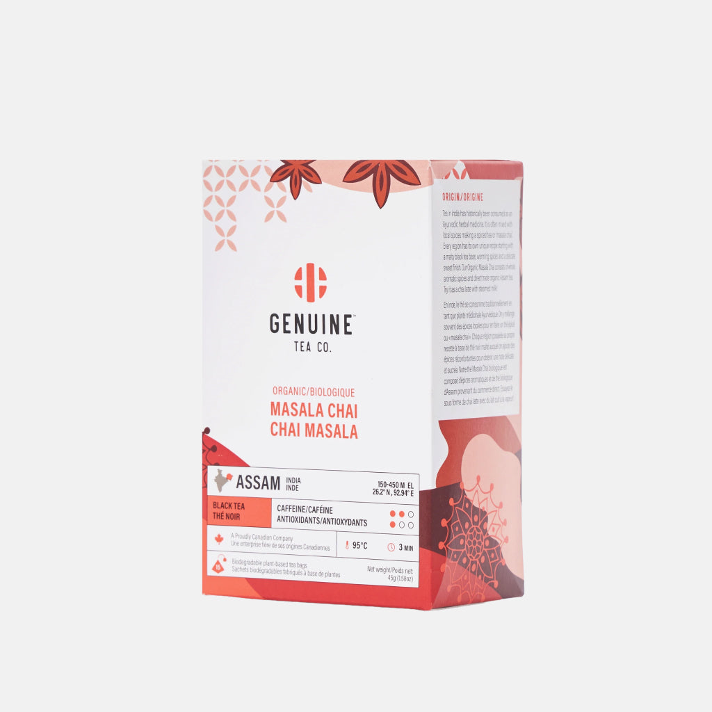 Genuine Tea Co Organic Masala Chai box with red white design and decorative patterns.
